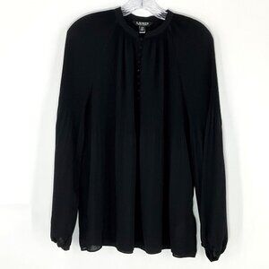 Lauren Ralph Lauren Blouse Womens L Black Pleats Buttons‎ Flowy Whimsigoth